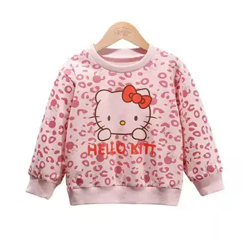 Hello Kitty, нестандартен, модерен есенен пуловер с кръгло деколте за момичета, детски риза с дълги ръкави от анимационни, детски памучен долна риза Изображение