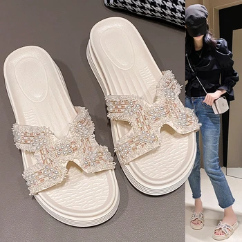 Обувки, джапанки с мъниста дантела, дамски джапанки на платформа, Мода 2023, луксозни летни гумени чехли от изкуствена памучен плат Изображение