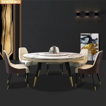 Луксозен дизайнерски кръгла маса за хранене от Мраморна плоча с маса за хранене и 4 стола de mesa jantar comedor sillas със златната основа от неръждаема стомана Изображение