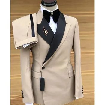 Двубортные мъжки костюми Slim Fit, 2 броя, сватбен смокинг на булката, официалният италиански моден сако (яке + панталон-Костюм по поръчка Изображение