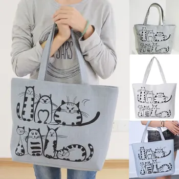 Най-новия прием, дамски холщовая чанта през рамо с принтом мультяшного котка, чантата е с голям капацитет, чанта-тоут, чанта за пазаруване Изображение