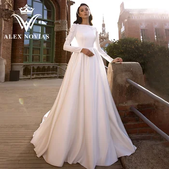 Атласное Сватбена рокля ALEX NOVIAS с дълъг ръкав 2023, Ново Мюсюлманската Сватбена рокля Трапецовидна форма С Обемни Апликации с Цип, Vestido Novias De Saten Изображение